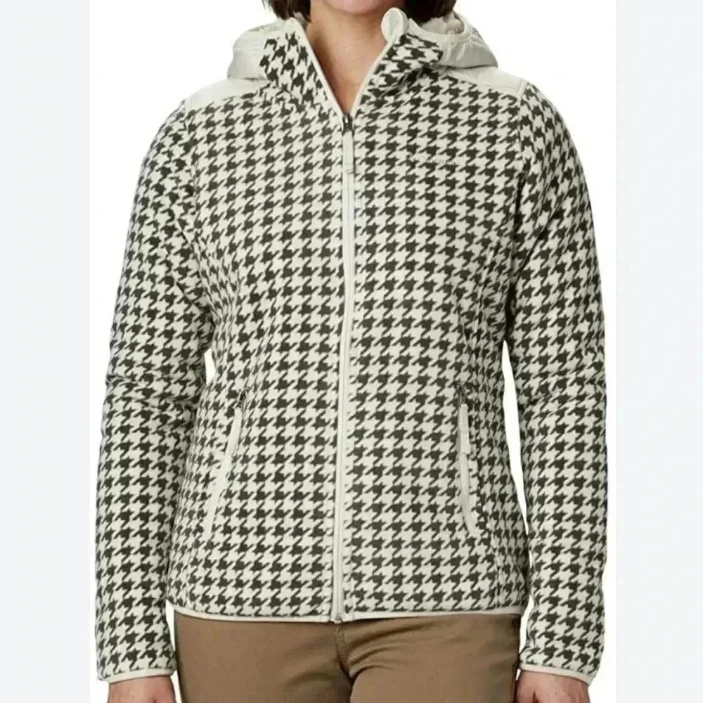 Columbia Houndstooth Fleece Hooded Full Zip Pocket Sz  Small Cream&Gray